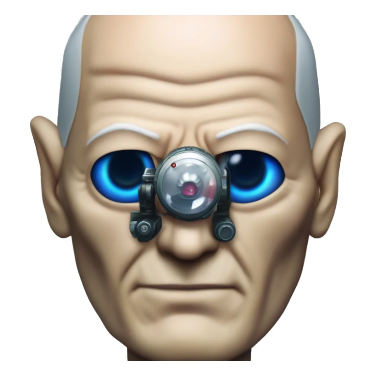 Jean luc picard from Star Trek assimilated by the Borg, with mechanical metal covering only one eye with a red glass lens over the same eye. His other eye looks like a normal human eye and is dark blue. sticker