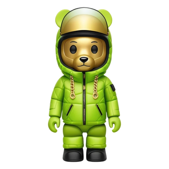 geometric bearbrick in lime graffiti balaclava wearing large snowboard style panoramic shield visor with single continuous lens, no eye division, luxury down jacket with fur, gold chains sticker