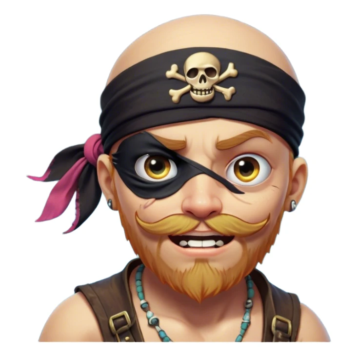 Clash of Clans aesthetic Comical Pirate Portrait Emoji, Head tilted dramatically with an exaggerated, fun expression and wide, comically expressive eyes behind a quirky eye patch, featuring a rugged yet cartoonish build with a playful bandana and natural skin tone, Simplified yet hilariously expressive features, highly detailed, glowing with a slightly sassy oceanic glow, high shine, dramatic yet playful, stylized with an air of cheeky maritime mischief, soft glowing outline, capturing the essence of a meme-worthy pirate who brings humor to epic quests! sticker