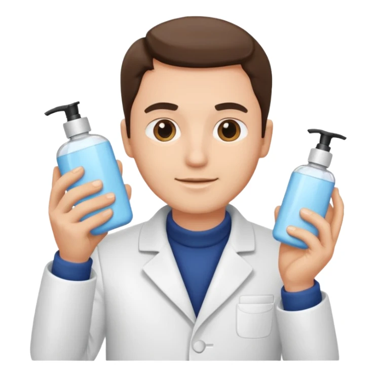 man with white coat holding skincare products sticker