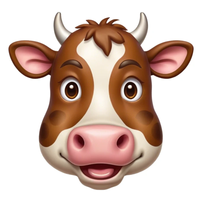 Cinematic Comical Brown Cow Portrait Emoji, Head tilted dramatically with an exaggeratedly amused expression, featuring a striking, glossy brown hide with a playful natural pattern, wide, expressive brown eyes filled with humorous disbelief, Simplified yet hilariously expressive features, highly detailed, glowing with a slightly sassy glow, high shine, dramatic yet playful, stylized with an air of cheeky farmyard mischief, bright and endearing, soft glowing outline, capturing the essence of a spirited and over-the-top cow, so meme-worthy it feels like it could moo its way into internet fame instantly! sticker