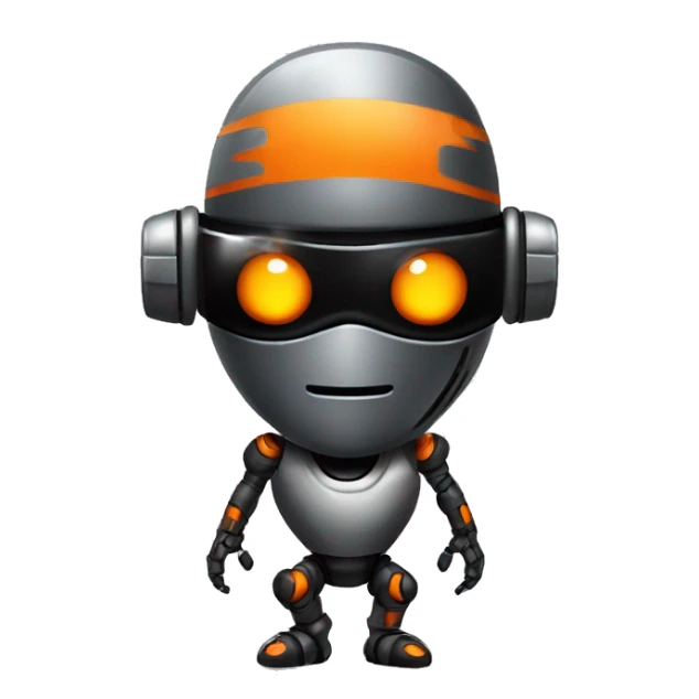 A shiny glossy ninja-like robot with a combination of black, orange and gray colors with blindfolds sticker