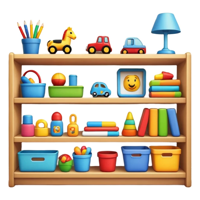 tidy room with toys neatly arranged on shelves, clear and inviting sticker