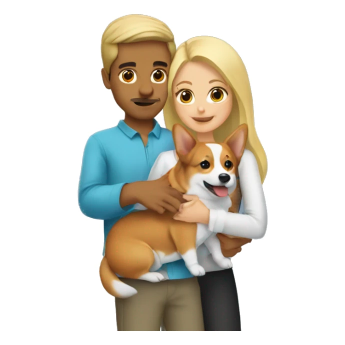 blonde girl with arab guy holding a corgi in their arms sticker