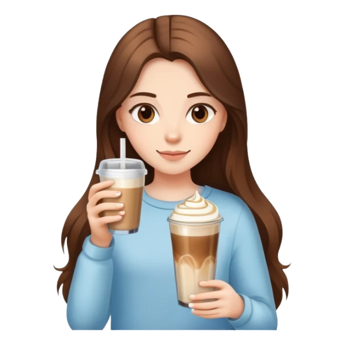 girl with long brown hair has ice latte coffee in glasse cup sticker