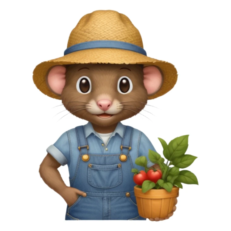 farmer rat gardener in denim overalls with a straw hat sticker