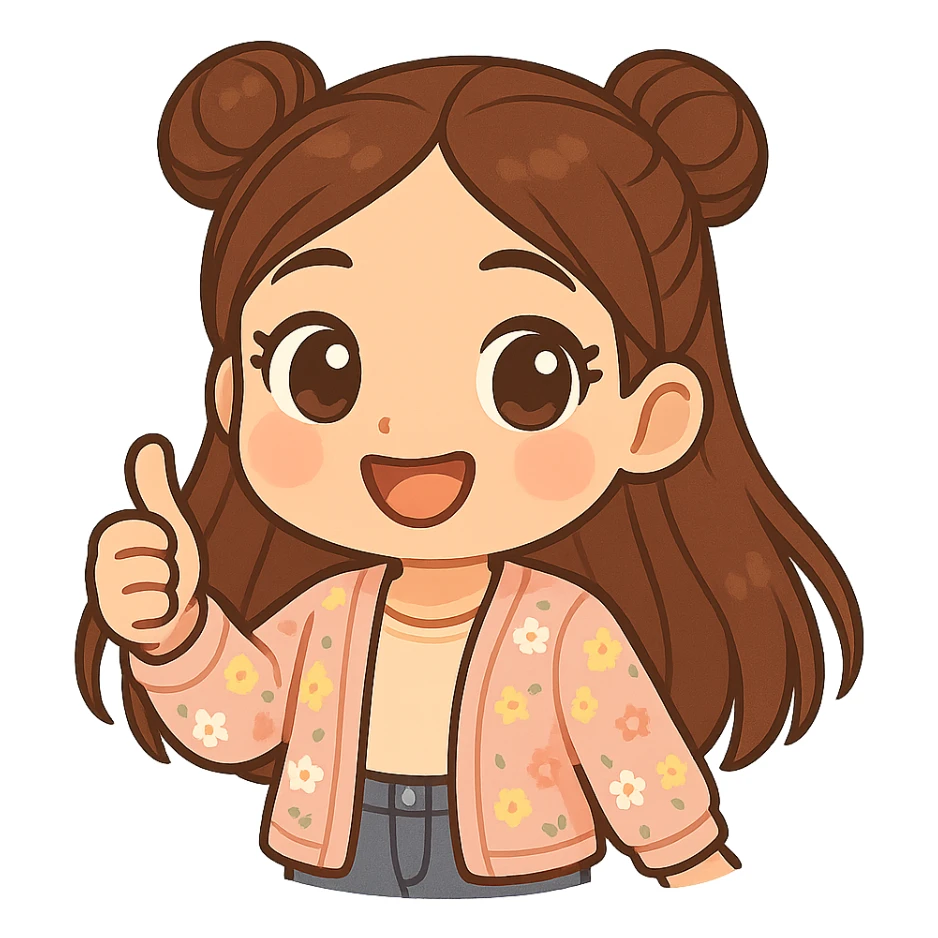 Create a chibi sticker of the girl from the reference image, showing a thumbs up and looking happy. She has brown straight hair styled in double buns, brown eyes, wearing a pastel floral cardigan and jeans. The sticker should have a white outline and a transparent background, sized 512x512px. sticker