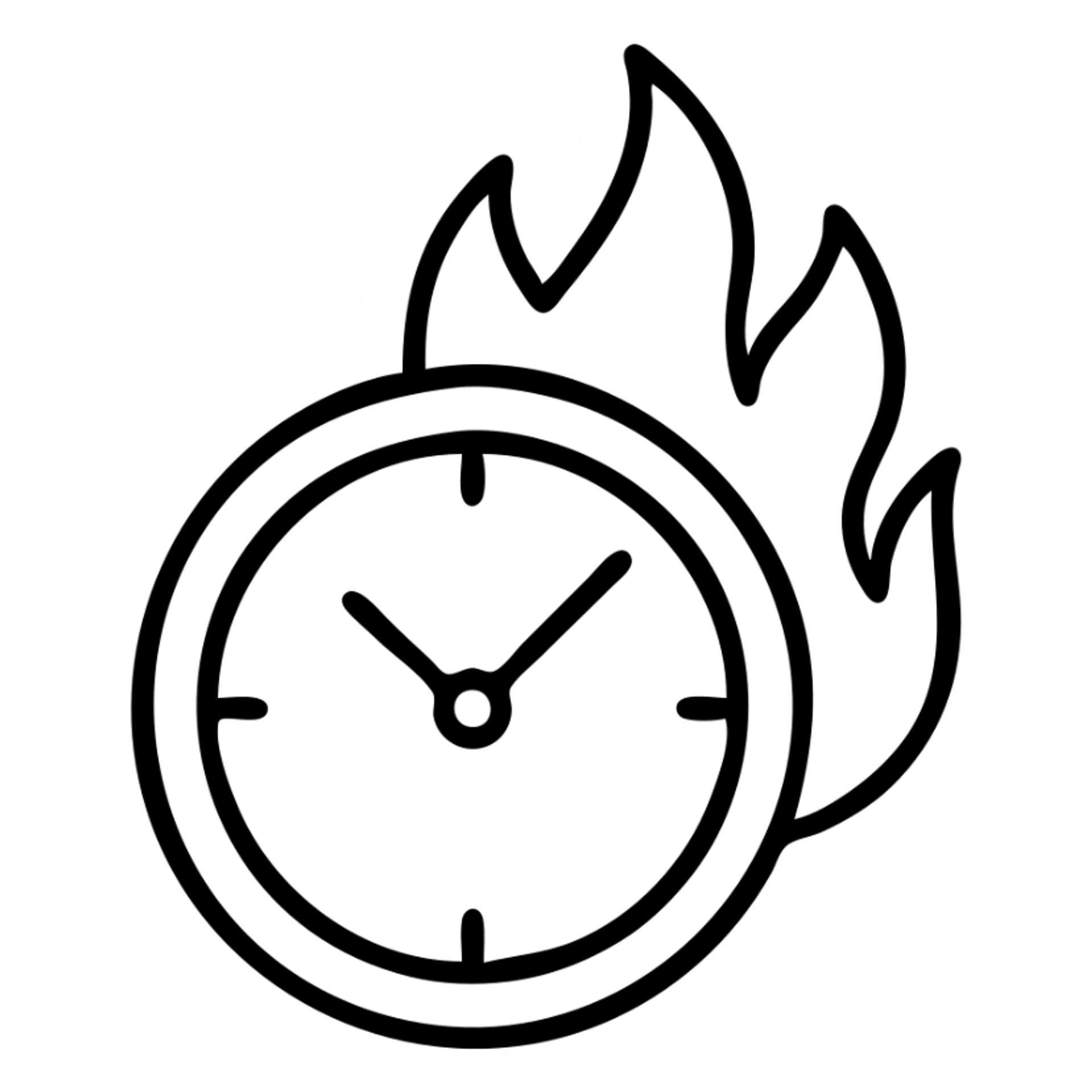 minimal outlined icon of a round clock with vivid flames sticker