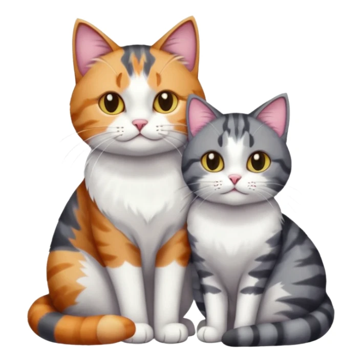 full body colourful light patched calico + white tabby cat cuddling a bigger cat that is dark grey and white tabby cat  and they are in love sticker