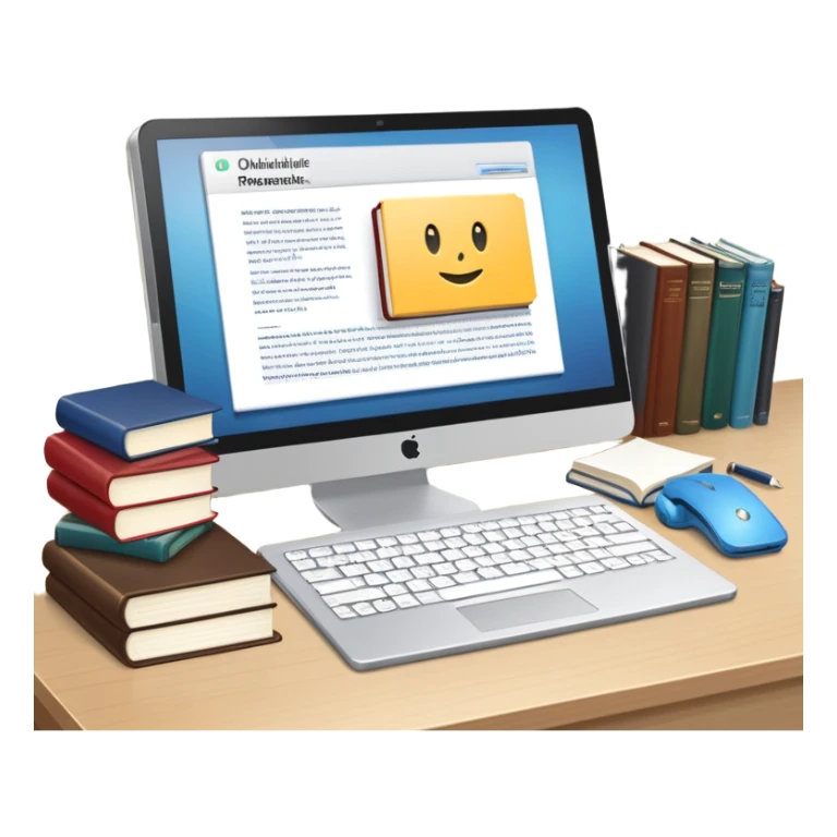 Computer on a desk with scattered books and notebooks and text "Ожидайте пользователь, делает все через AI" sticker