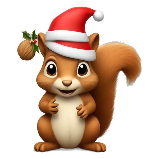 squirrel holding some walnuts and wearing a christmas hat sticker