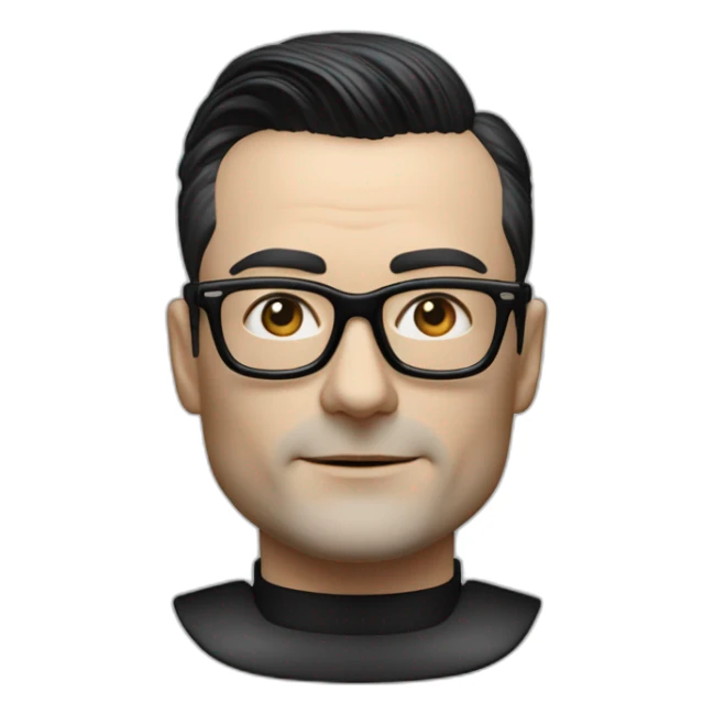 Hyper realistic Ralf Hutter from Kraftwerk, short straight black hair, black glasses, lean, riding open top black tesla model 3 sticker