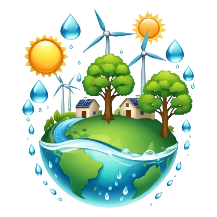 An icon featuring a green Earth, a tree, recycling symbols, and renewable energy sources like wind turbines, solar panels, and hydropower. The design includes animals, water droplets, and the sun, representing ecology, sustainable energy, and environmental protection. Transparent background. sticker