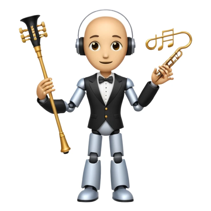 robot a sophisticated and elegant emoji that represents orchestration and arrangement. The design should feature a conductor’s baton, musical notes, and a symphonic score, symbolizing the process of arranging and orchestrating music. Incorporate instruments like a violin, trumpet, sticker