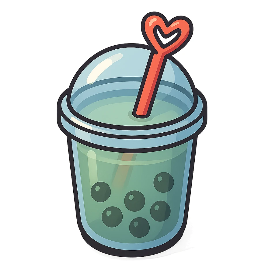 bubble tea cup with a rounded cute lid, blue cup, green drink inside, vector hand-drawn style, clear bold outlines, playful expressive shadows and highlights, matte glass effect, heart-shaped straw sticker