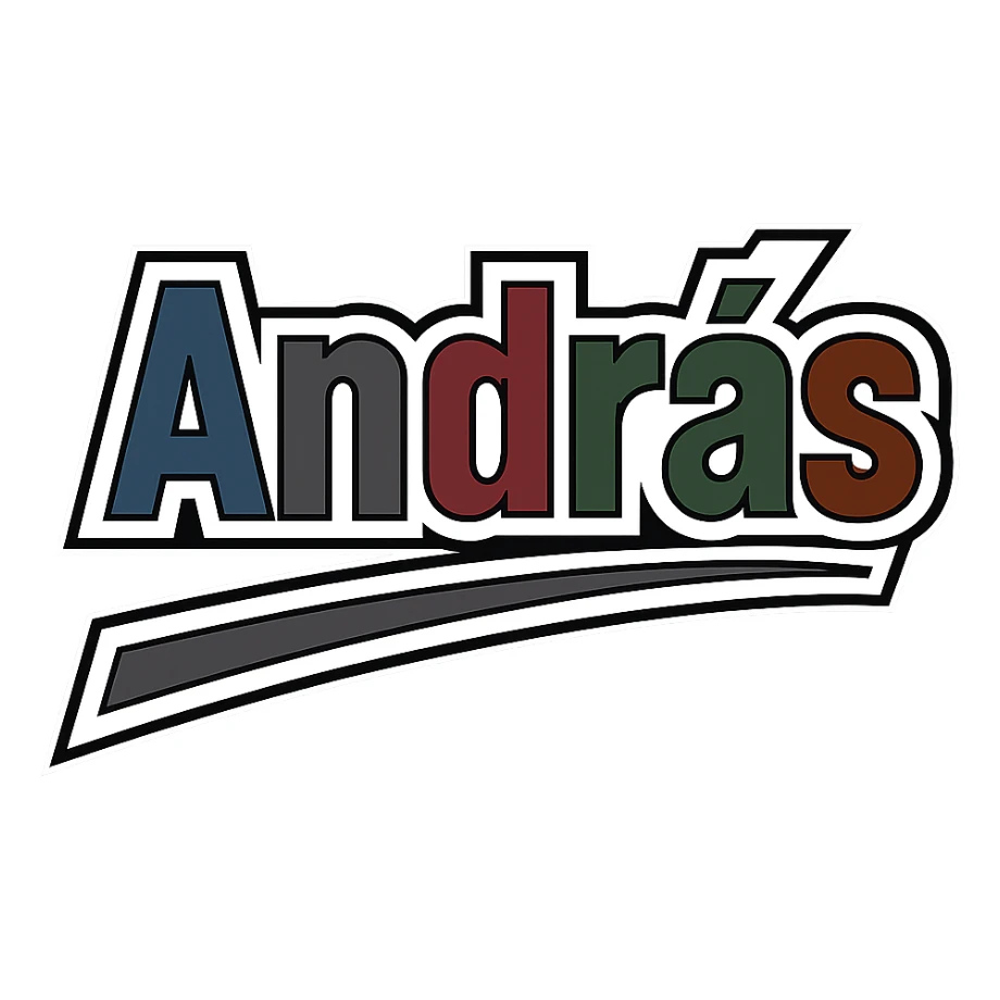András name in masculine, modern gradient font with precise Hungarian characters, dark contour, extra wide and prominent white letter frame as in reference images, dynamic slanted underline, masculine color shades (blue, gray, burgundy, green, brown), 1000x1000 px, PNG, transparent background sticker