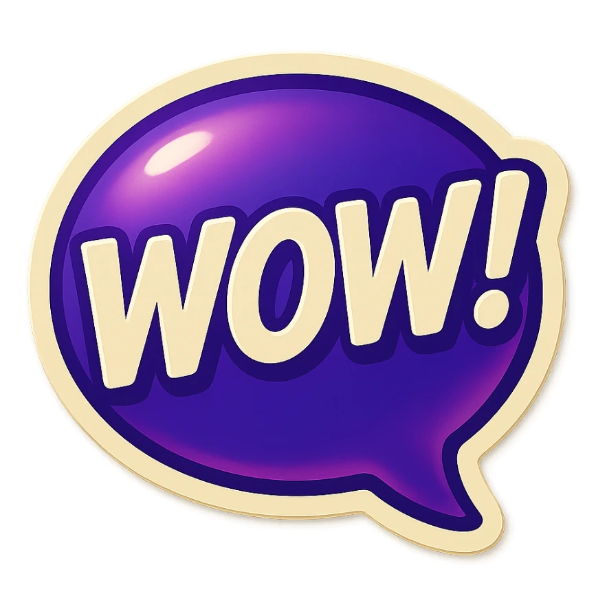 Purple bubble with white text saying "WOW!" sticker