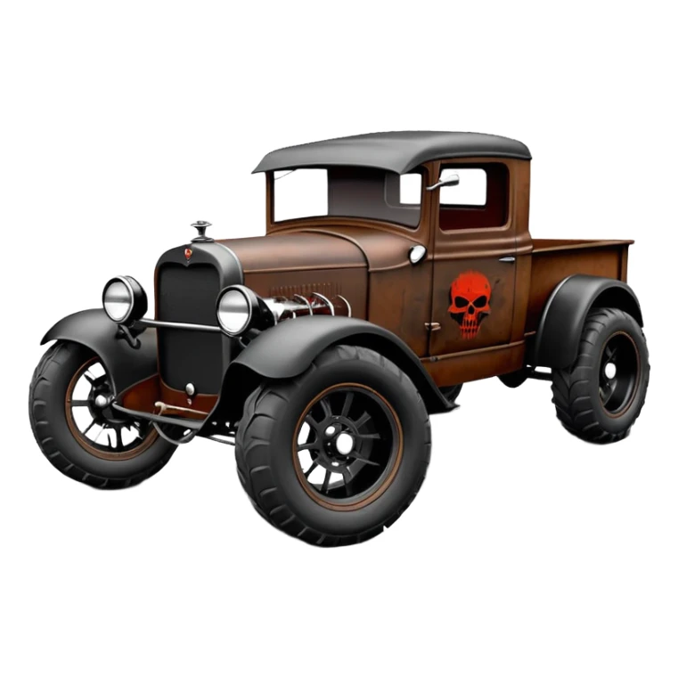 1:10 off-road pot-smoking rusting Basher style 1927 blackened tarnished hotrod rat rod streamlined anime vampire ghostly-glowing Dodge zombie infected extended-cab rc bulging pickup (extra wide low-profile pin tires chrome wheels with fenders) sticker