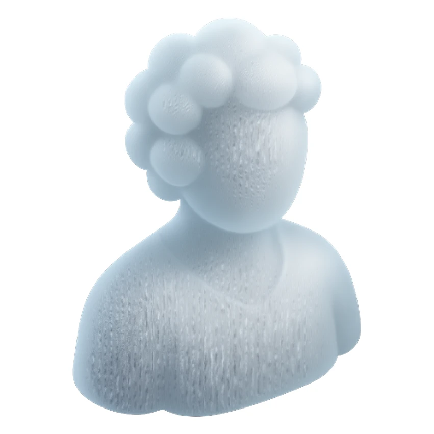 A person from the shoulders up, entirely composed of fluffy white convex clouds, matte glass style. sticker