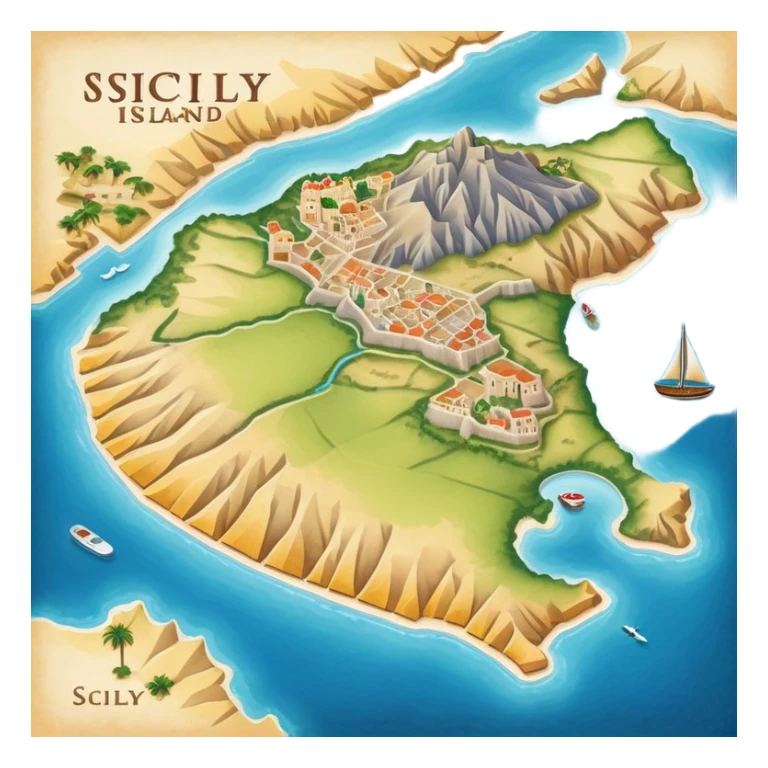 simple paper map of Sicily island, cartographic view, no buildings sticker