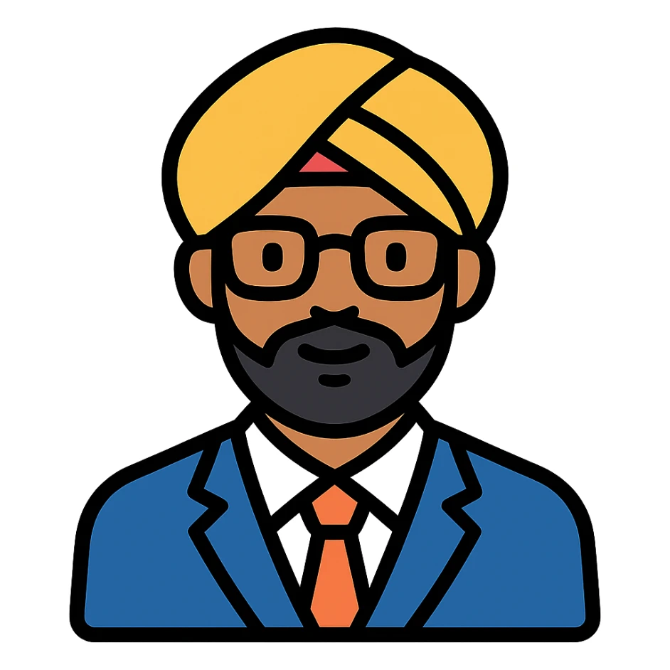 Indian finance bro with glasses, business attire, confident expression, color icon sticker