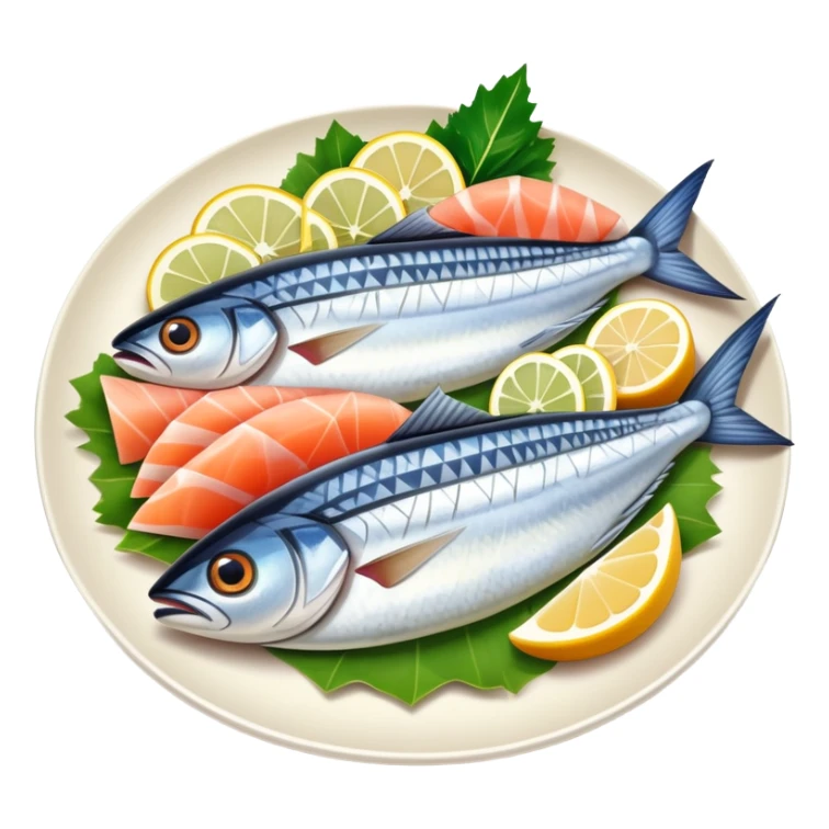 mackerel sashimi with slices of raw fish on a plate with garnish sticker