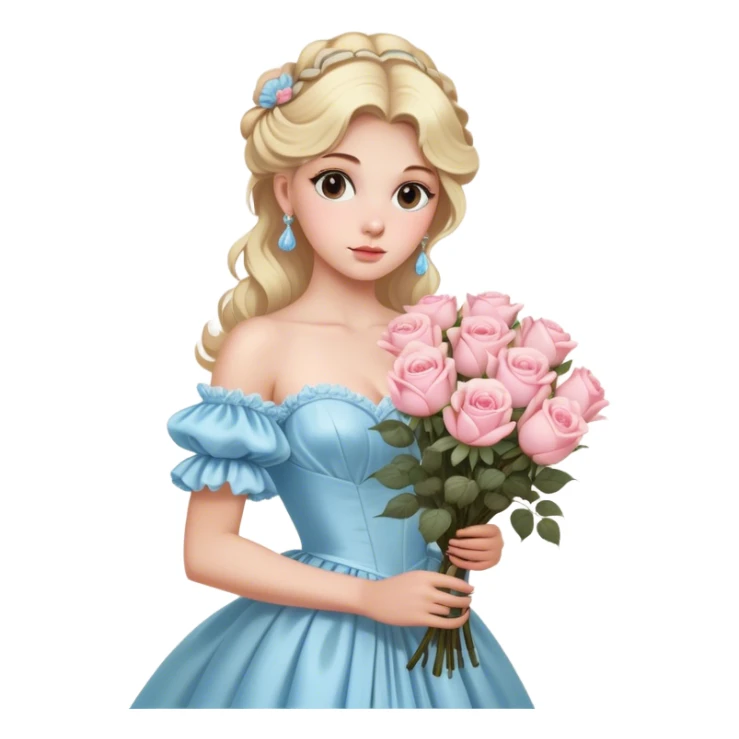 Blonde model with brown eyes wearing a light blue silk rococo gown clutching a giant bouquet of cream and pink roses sticker