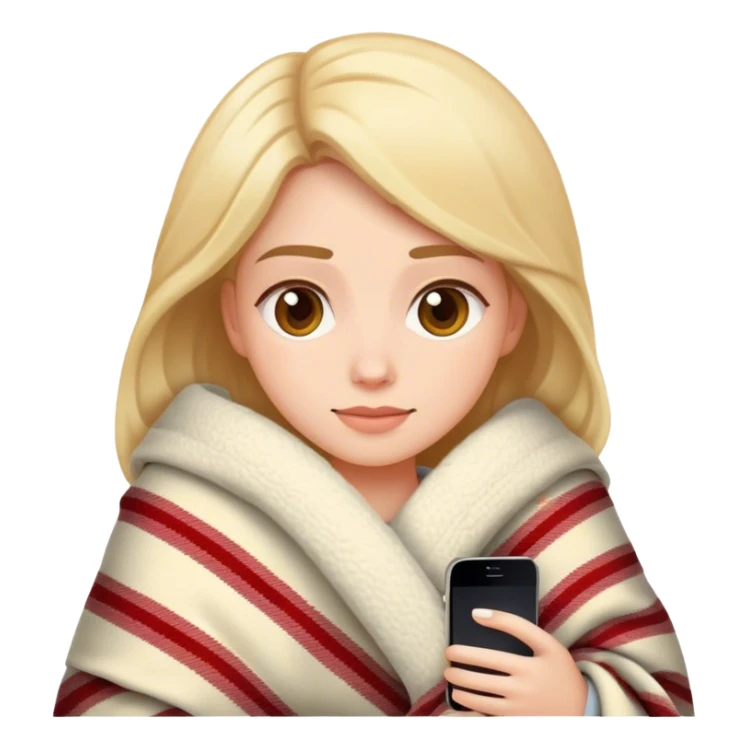 realistic woman in cozy blanket with iPhone, iPhone style emoji sticker