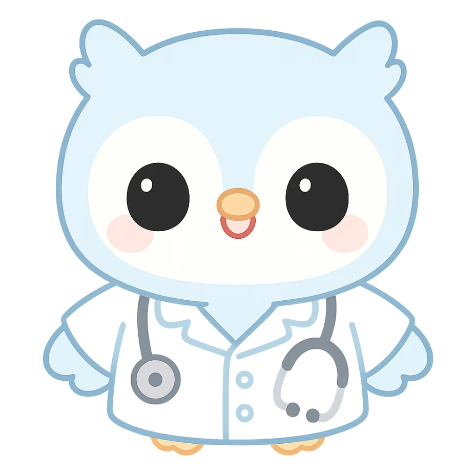blue baby owl animated, wearing doctor uniform, kawaii style sticker