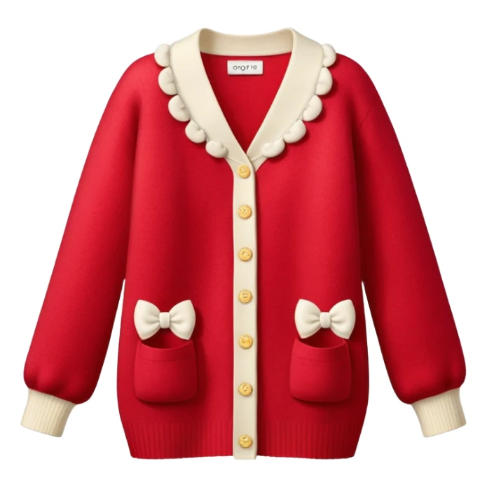red cashmere cardigan with 8 tiny ivory bows all over front and sleeves, realistic 3d isolated, soft texture sticker