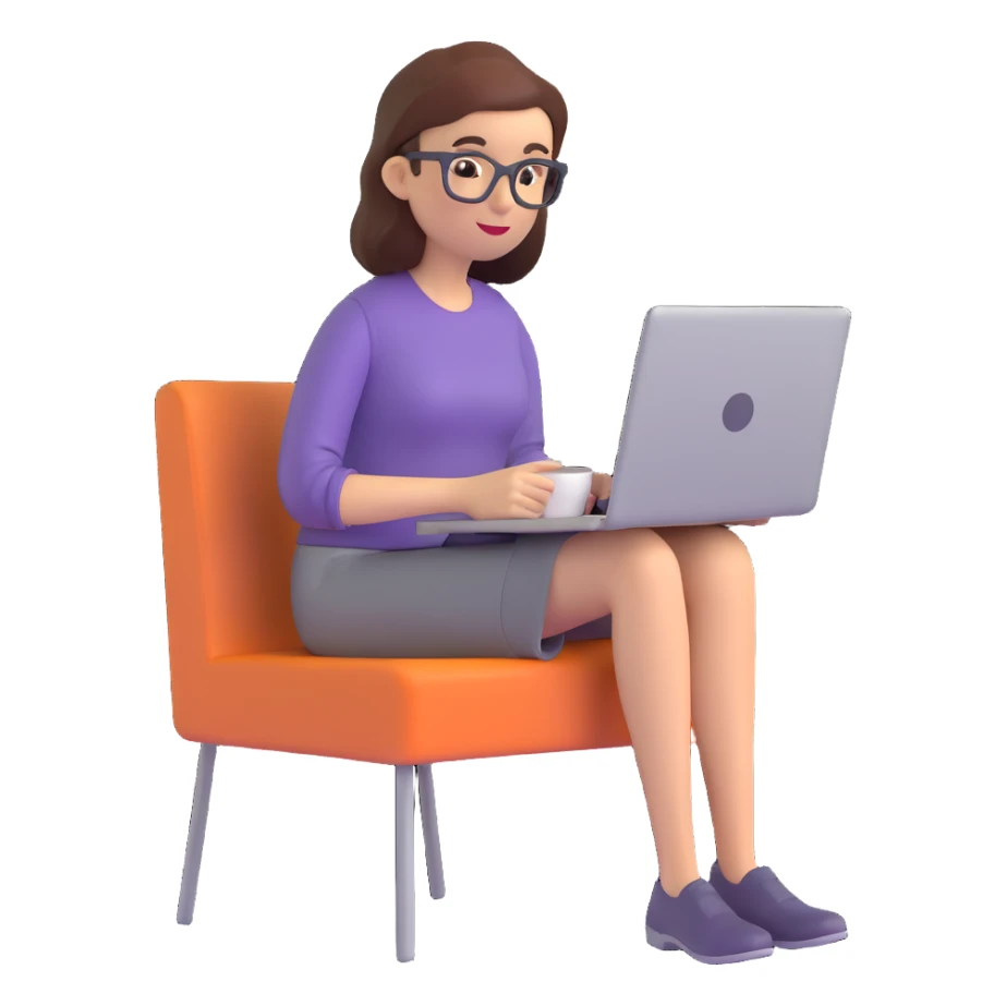 woman working on a laptop with coffee sticker