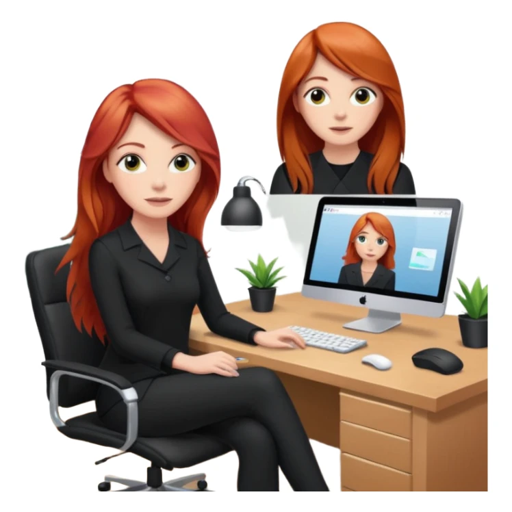 Video call therapy session: red-haired therapist with long hair wearing black minimalist clothing, seated in a professional home office, looking at the webcam; calm, modern teletherapy setting sticker