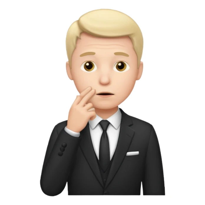 white man in formal suit thinking, hand on mouth sticker