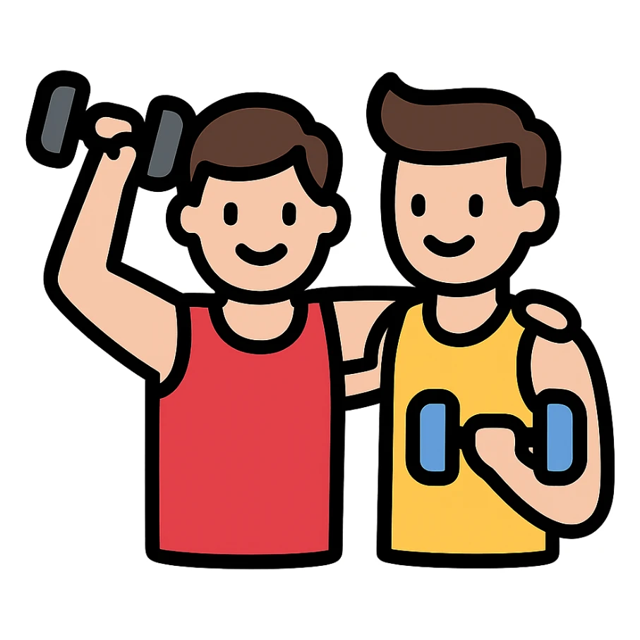 two male gym buddies, friendly, working out together, simple and clear icon style design sticker