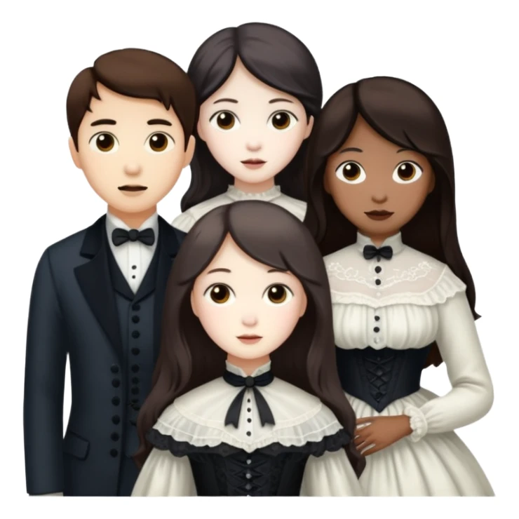 Three Victorian ghosts friends with dark brown hair  one Asian one Caucasian  one African American all beautiful  sticker