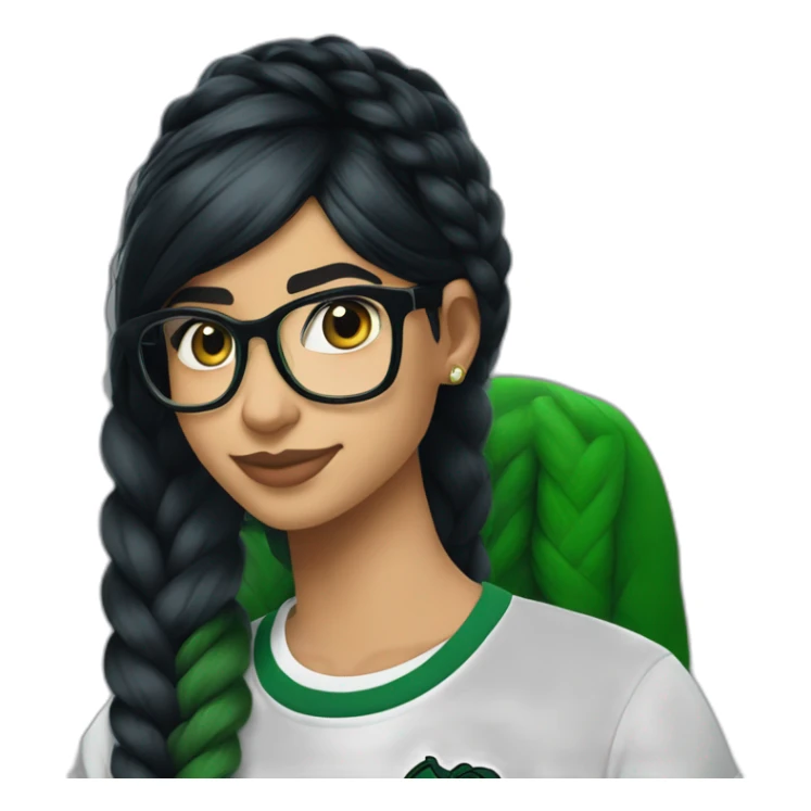Mia Khalifa black braid white tshirt green sleeves slytherin logo sticker