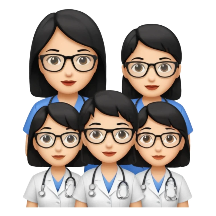 Genera emogis de 4 cuatro enfermeras de cabello negro, una con lentes sticker