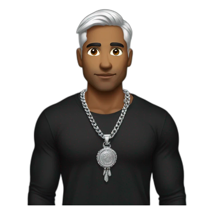 A strong Indian man wearing men silver chain,styled on a Full sleeve black tshirt sticker