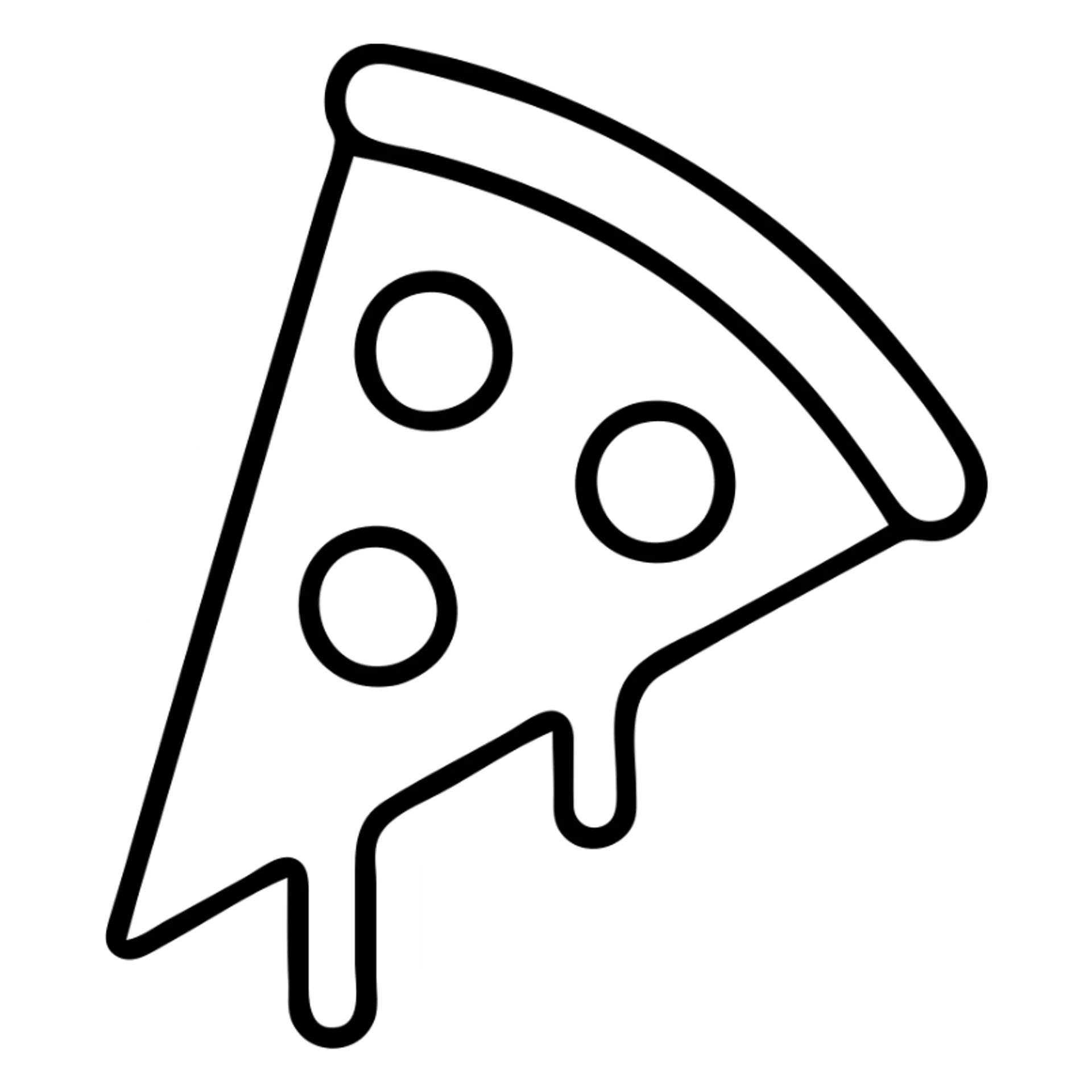 A triangular slice of pizza with melting cheese and pepperoni toppings, minimalist outline sticker