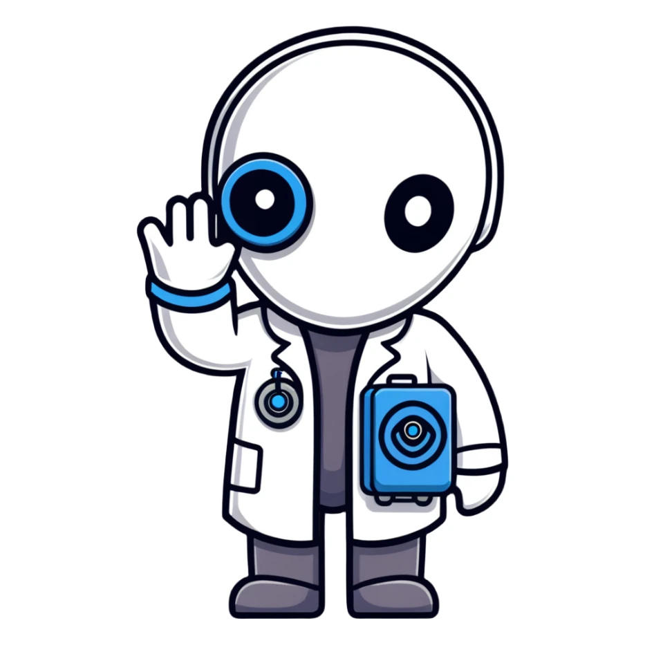 alien doctor with robot parts and mask sticker
