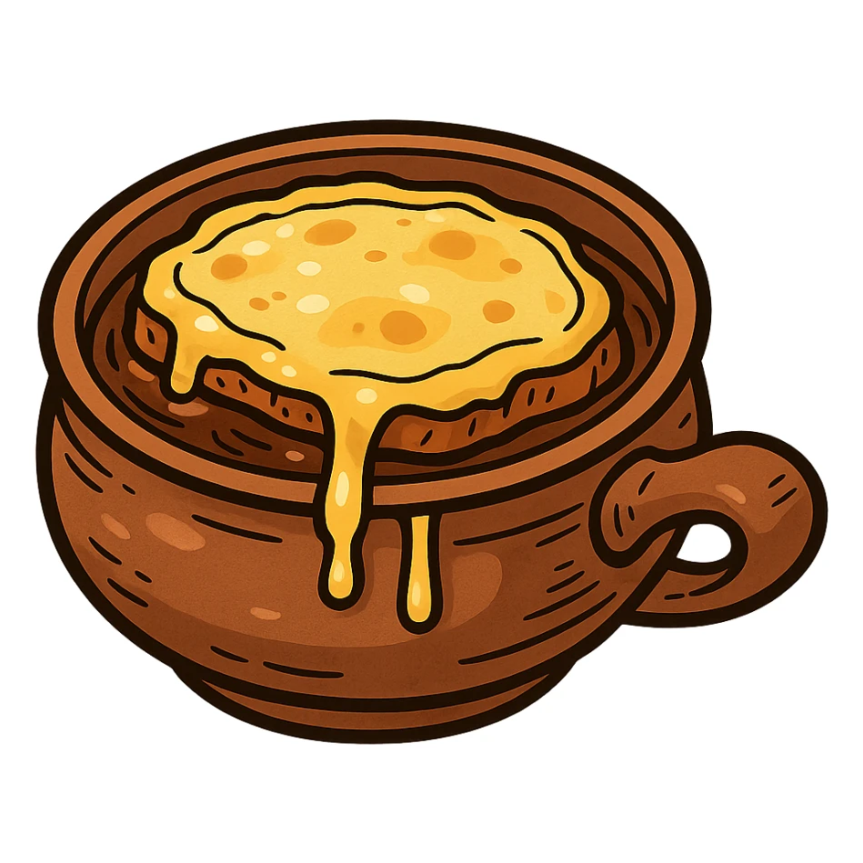 french onion soup in a rustic bowl, cheese bubbling, cartoon style sticker