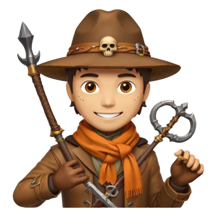 male human monster hunter emoji, wearing brown leather coat and wide hat, holding crossbow or rifle, with amulet shaped like skull, Halloween fantasy theme, confident smile, orange scarf, Apple emoji style, clean white background, square image sticker