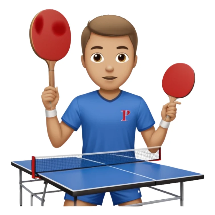 Guy playing ping pong on a 4x8 wooden table no net and only one paddle wearing a frat shirt with the letters beta theta pi on the front  sticker
