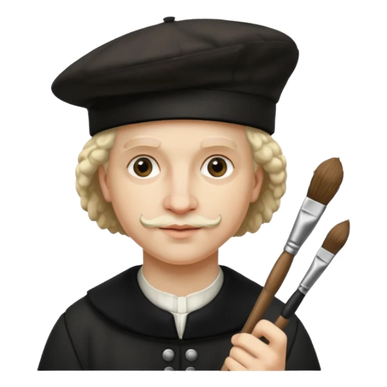 Rembrandt wear black berret hat, hold a brush sticker