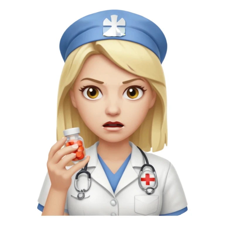 angry blonde nurse with a pills sticker