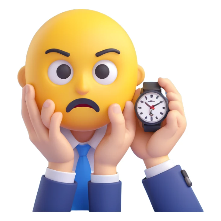 A yellow emoji face with a worried expression, looking at a wristwatch with raised eyebrows, showing urgency and stress sticker