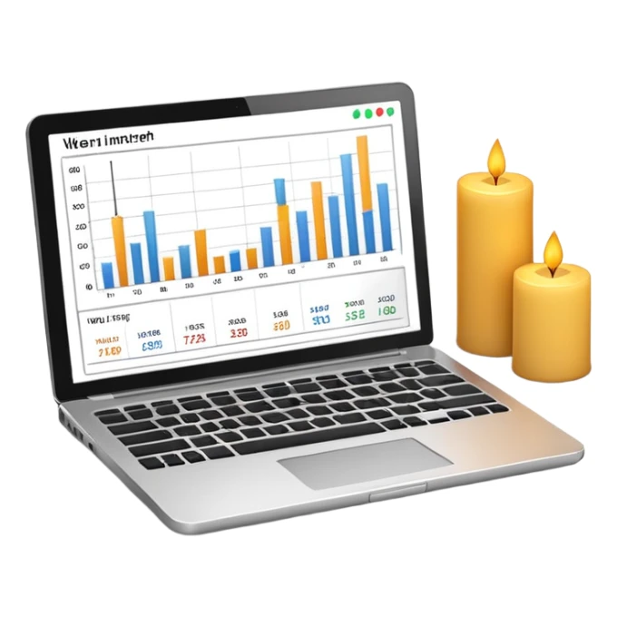 Minimal 3D emoji style laptop with stock market chart on screen, candlestick chart and small line graph, financial trading interface, neutral colors, professional look, clean shading, no bright colors, no brand logos, isolated on transparent background, modern emoji design sticker