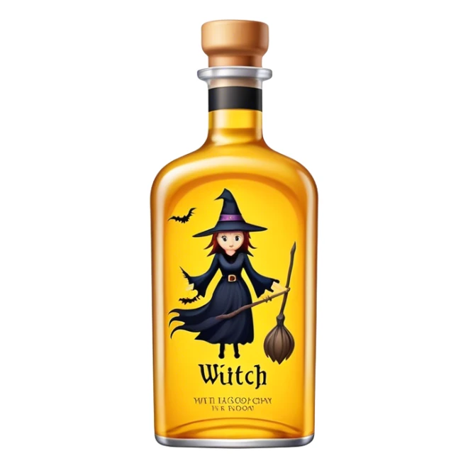 a yellow liquor bottle with a witch on the packaging sticker