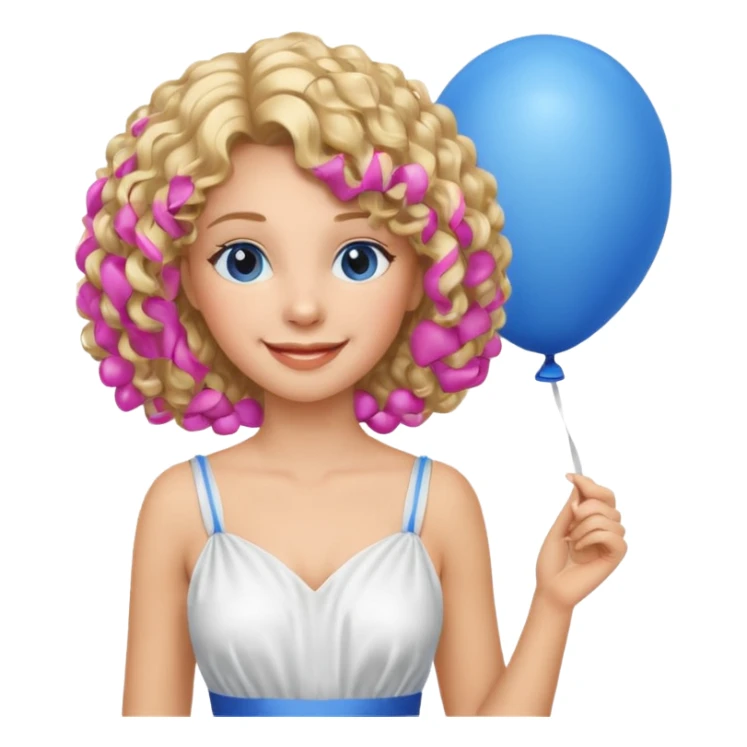 Woman curly blonde with blue balloon, white dress sticker