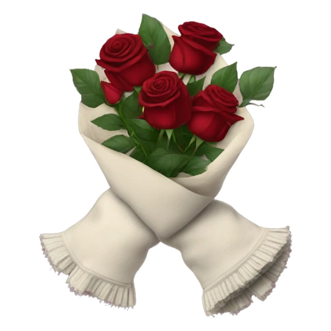 bouquet of burgundy roses next to gloves sticker